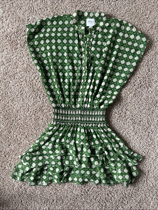 Misa Los Angeles Tops - MISA Los Angeles Green Printed Short Sleeve Waist-Detail Dress